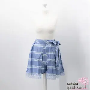Axes Femme Poetique Hosenrock Hose Überrock Blau Weiß Kariert Karo Muster Glitzer Stoffgürtel Schleife Saumspitze Japan Kawaii Feminin