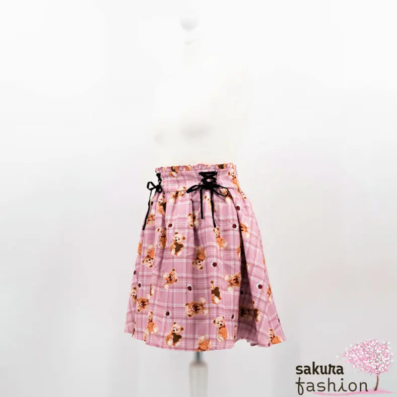Ank Rouge Rock Rosa Pink Kariert Motiv Teddybären Kekse Biskuit Braun Kirsche Rot Schnürdetail Schleife Samt Rüschen Japan Kawaii