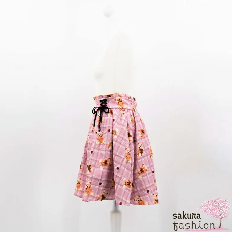 Ank Rouge Rock Rosa Pink Kariert Motiv Teddybären Kekse Biskuit Braun Kirsche Rot Schnürdetail Schleife Samt Rüschen Japan Kawaii