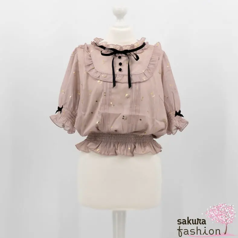 Liz Lisa Bluse Rosa Kirschaufdruck Gold Schleife Schwarz Zierknöpfe Rüschen Japan Kawaii
