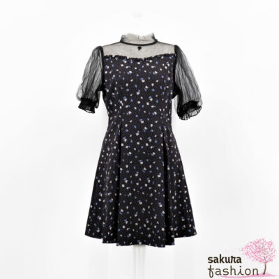 Eat..Me Kleid Blau Blumenmotiv Schleife Schwarz Tüll Rosenmotiv Mini Kurz Japan