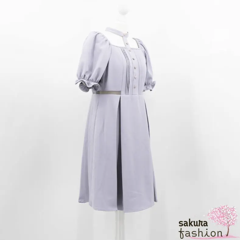 Eat.Me Kleid Grau Rosenknöpfe Weiß Nackenausschnitt Choker Harness Fetischkleid Kurz Mini Japan