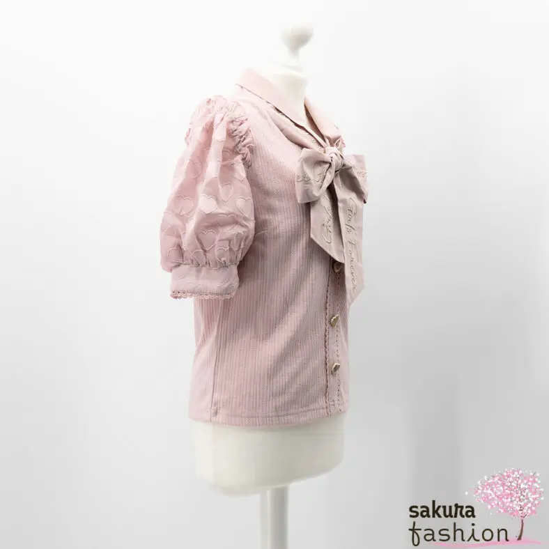 Liz Lisa Blusenshirt Bluse Shirt Gerippt Rosa Puffärmel Herzen Schleifenkragen Schleife Stickerei Zierknöpfe Gold Borde Japan Kawaii