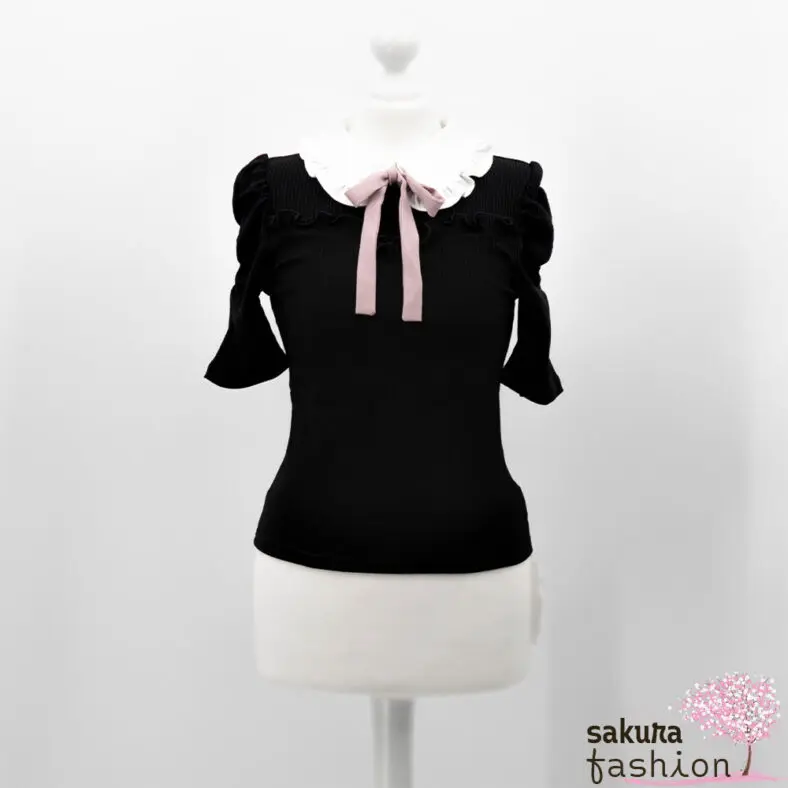 Ank Rouge Bluse Shirt Blusenshirt Schwarz Kragen Rüsche Weiß Schleife Rosa Japan Kawaii Feminin
