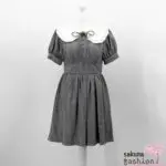 Ank Rouge Kleid Schwarz Grau Kariert Bubikragen Weiß mit Schleife Zierknöpfen Tailliert Puffärmel Japan Kawaii