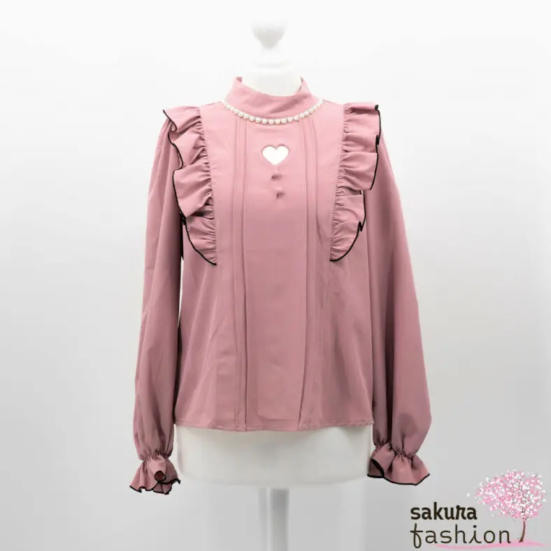 Ank Rouge Bluse Rosa Langarm Lochausschnitt Herz Zierknöpfe Rüschen Stehkragen Perlen Weiß Schwarz Japan Kawaii Feminin
