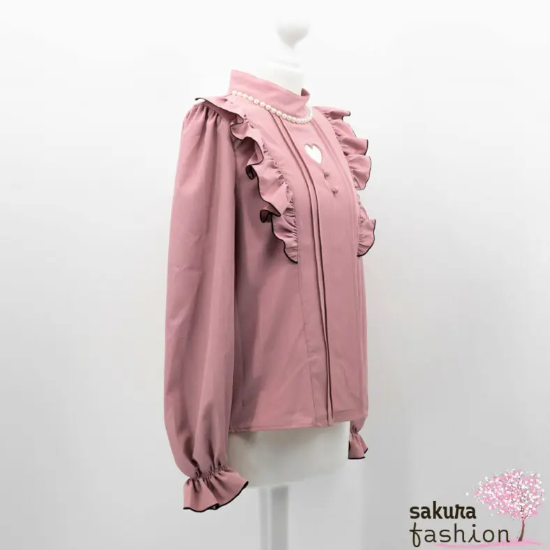 Ank Rouge Bluse Rosa Langarm Lochausschnitt Herz Zierknöpfe Rüschen Stehkragen Perlen Weiß Schwarz Japan Kawaii Feminin