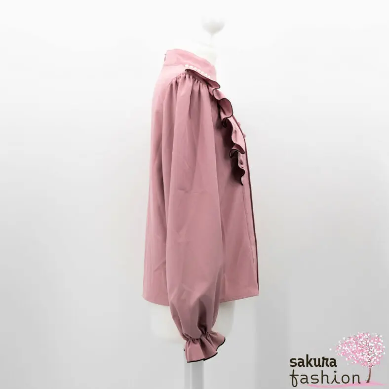 Ank Rouge Bluse Rosa Langarm Lochausschnitt Herz Zierknöpfe Rüschen Stehkragen Perlen Weiß Schwarz Japan Kawaii Feminin