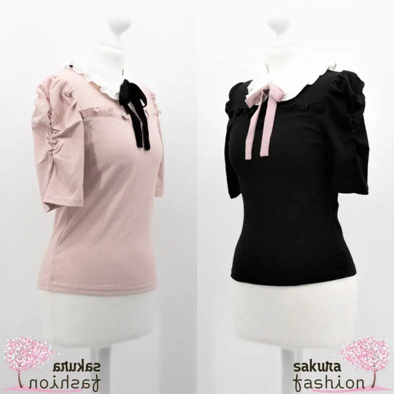 Ank Rouge Bluse Shirt Blusenshirt Schwarz Rosa Kragen Rüsche Weiß Schleife Rosa Japan Kawaii Feminin ribbon tie power shoulder teleco tops