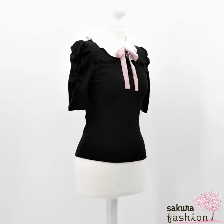 Ank Rouge Bluse Shirt Blusenshirt Schwarz Kragen Rüsche Weiß Schleife Rosa Japan Kawaii Feminin