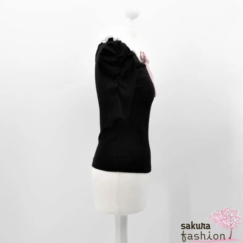 Ank Rouge Bluse Shirt Blusenshirt Schwarz Kragen Rüsche Weiß Schleife Rosa Japan Kawaii Feminin