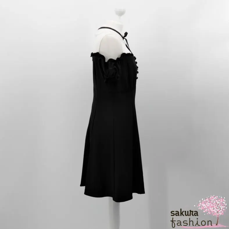 Ank Rouge Kleid Schwarz Schulterfrei Dekolleté Spitze Weiß Kragen Schleife Rüsche Zierknöpfe Japan Feminin Kawaii