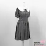 Ank Rouge Kleid Schwarz Grau Kariert Bubikragen Weiß mit Schleife Zierknöpfen Tailliert Puffärmel Japan Kawaii