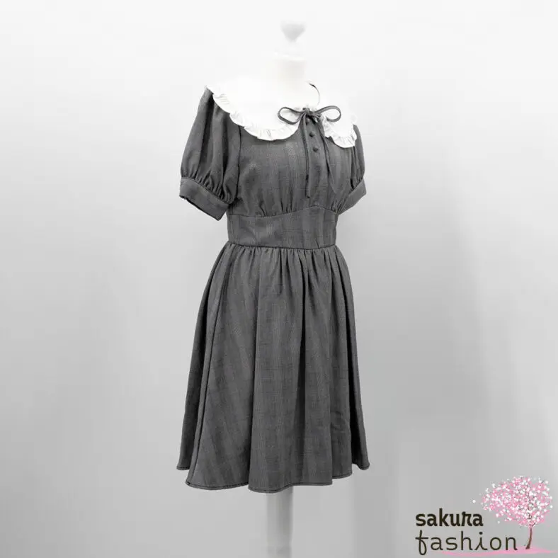Ank Rouge Kleid Schwarz Grau Kariert Bubikragen Weiß mit Schleife Zierknöpfen Tailliert Puffärmel Japan Kawaii