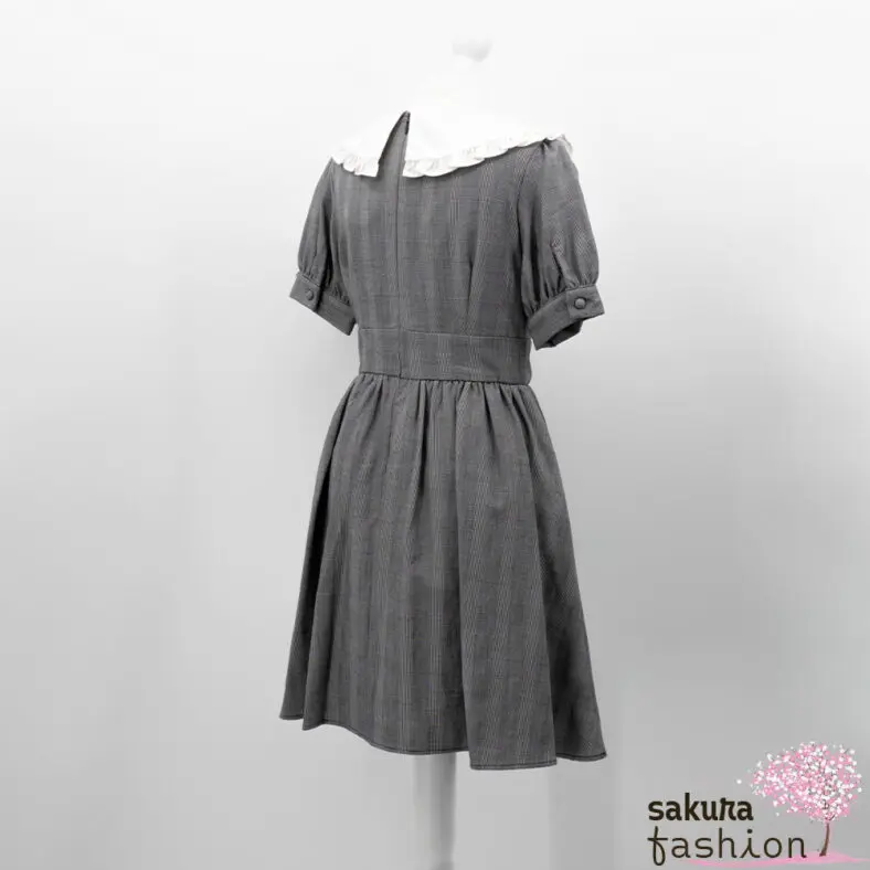 Ank Rouge Kleid Schwarz Grau Kariert Bubikragen Weiß mit Schleife Zierknöpfen Tailliert Puffärmel Japan Kawaii