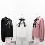 Ank Rouge Chinesische Bluse Cheongsam-Stil Langarm Rosa Schwarz Weiß Schleife Schriftzug Japan Kawaii Feminin