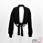 EATME cropped Pullover Schwarz Rückenausschnitt Schleife Schleifenband Rückenfrei Bestickt Langarm Japan Kawaii Feminin Sexy back design suit top