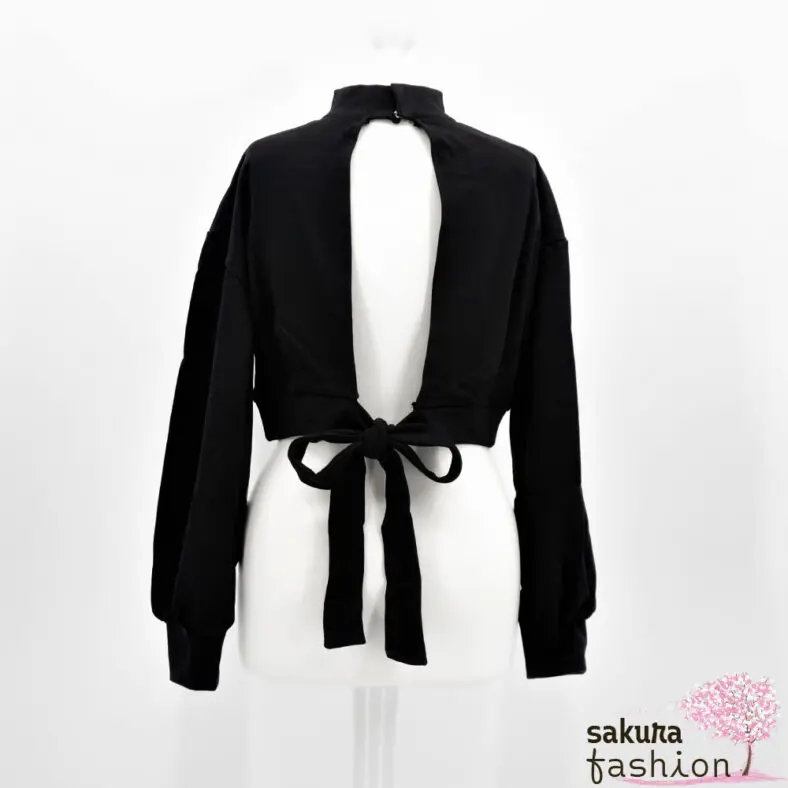 EATME cropped Pullover Schwarz Rückenausschnitt Schleife Schleifenband Rückenfrei Bestickt Langarm Japan Kawaii Feminin Sexy back design suit top