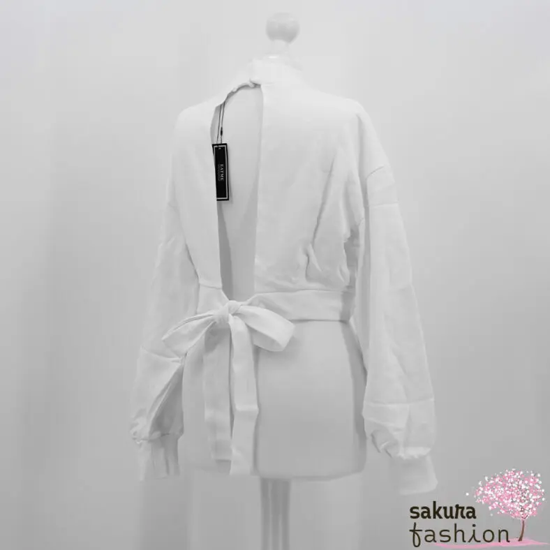 EATME cropped Pullover Weiß Rückenausschnitt Schleife Schleifenband Rückenfrei Bestickt Langarm Japan Kawaii Feminin Sexy back design suit top