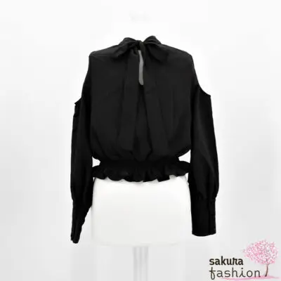 EATME Schulterfreie Bluse Schwarz Kreuzanhänger Silber Langarm Japan Kawaii Feminin Sexy open shoulder decollete blouse