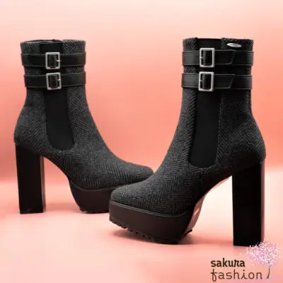 EATME Stiefel Grau Stoff Absatz Schnallen Kunstleder Japan Kawaii Feminin Sexy  double belt side gore boots
