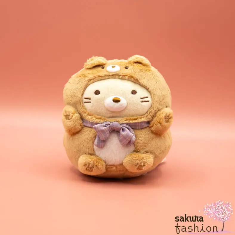 San-X Sumikko Gurashi Katze Neko Beige Bärenkostüm Braun Schleife Lila Kariert Weich Kuschelig Flauschig Japan Kawaii collect stuffed animals (at home bear café, cat)