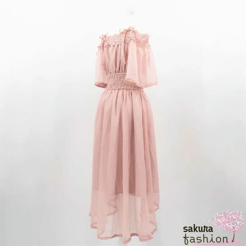 Liz Lisa Kleid Rosa Masi Lang Spitze Floral Häkelborte Herzen Schleifenband Schleife Gerafft Tailliert Schulterfrei Trägerkleid Zierknöpfe Halbarm Transparent Japan Kawaii Fish Tail One-piece pink