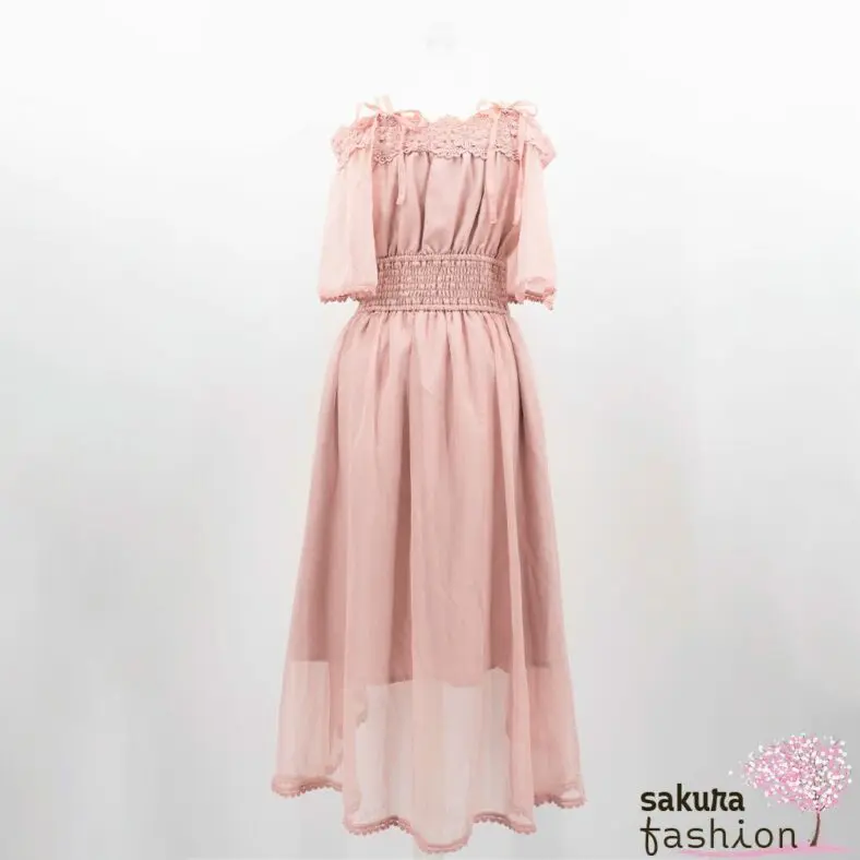 Liz Lisa Kleid Rosa Masi Lang Spitze Floral Häkelborte Herzen Schleifenband Schleife Gerafft Tailliert Schulterfrei Trägerkleid Zierknöpfe Halbarm Transparent Japan Kawaii Fish Tail One-piece pink