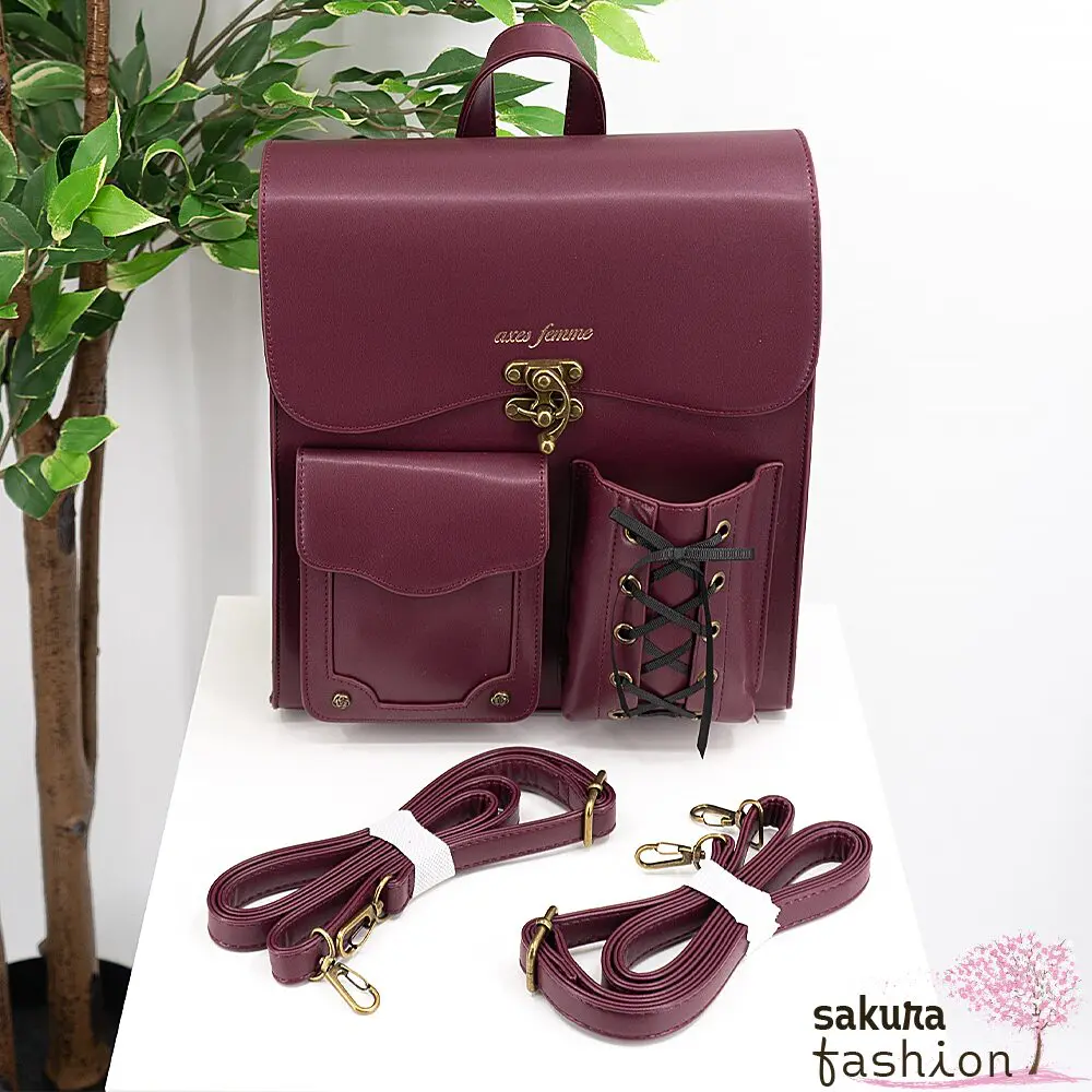 Axes Femme Kunstleder Rucksack Groß Weinrot Schnürung Schleife Schwarz Metalldetails Gold Japan Kawaii Feminin design pocket satchel wine red