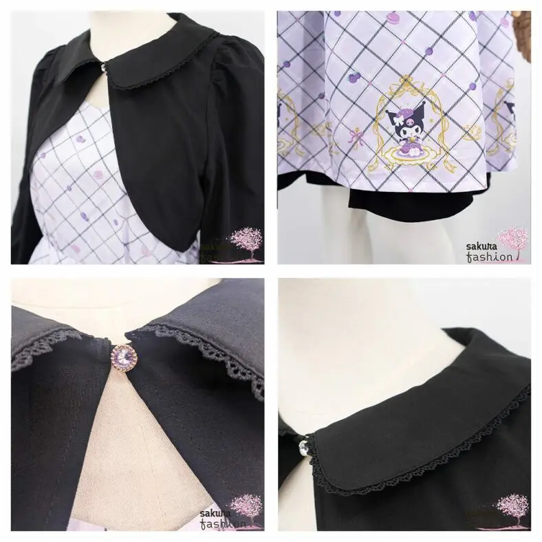 axes femme POETIQUE Kleid Schwarz Lila Flieder Schwarz Bolero Motiv Glitzersteinknopf Sanrio Kuromi Häkelborde Rüschen Kurz Japan Kawaii Feminin kuromi tea room dress black lavendel