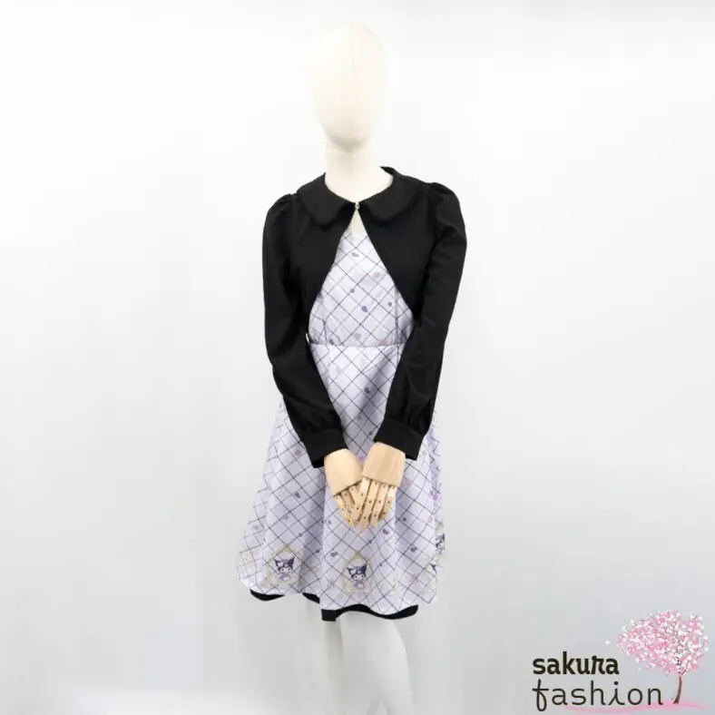 axes femme POETIQUE Kleid Schwarz Lila Flieder Schwarz Bolero Motiv Glitzersteinknopf Sanrio Kuromi Häkelborde Rüschen Kurz Japan Kawaii Feminin kuromi tea room dress black lavendel