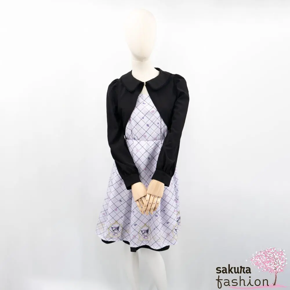 axes femme POETIQUE Kleid Schwarz Lila Flieder Schwarz Bolero Motiv Glitzersteinknopf Sanrio Kuromi Häkelborde Rüschen Kurz Japan Kawaii Feminin kuromi tea room dress black lavendel