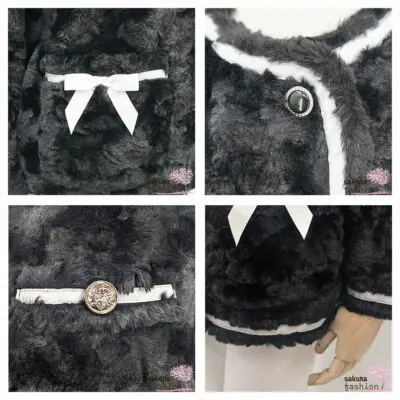 Axes Femme Poetique Kunstfelljacke Schwarz Schleifen Weiß Knöpfe Jackentaschen Kuschelig Weich Flauschig Zierknöpfe Japan Kawaii Feminin ribbon design fur jacket black