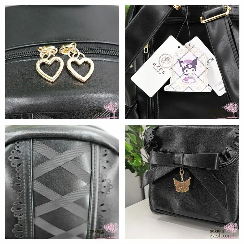 axes femme POETIQUE Kunstlederrucksack Schwarz Mittelgroß Spitze Schnürung Schleife Sanrio Kuromi Metallanhänger Gold Japan Kawaii Feminin kuromi bagpack with charm