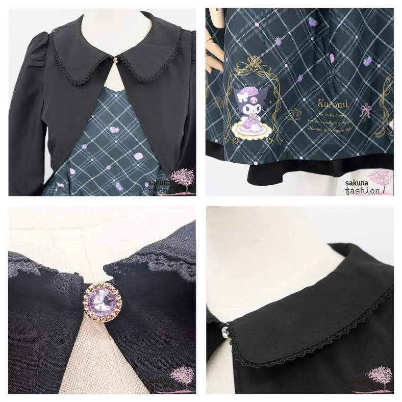 axes femme POETIQUE Kleid Schwarz Grün Bolero Motiv Glitzersteinknopf Sanrio Kuromi Häkelborde Rüschen Kurz Japan Kawaii Feminin kuromi tea room dress black green