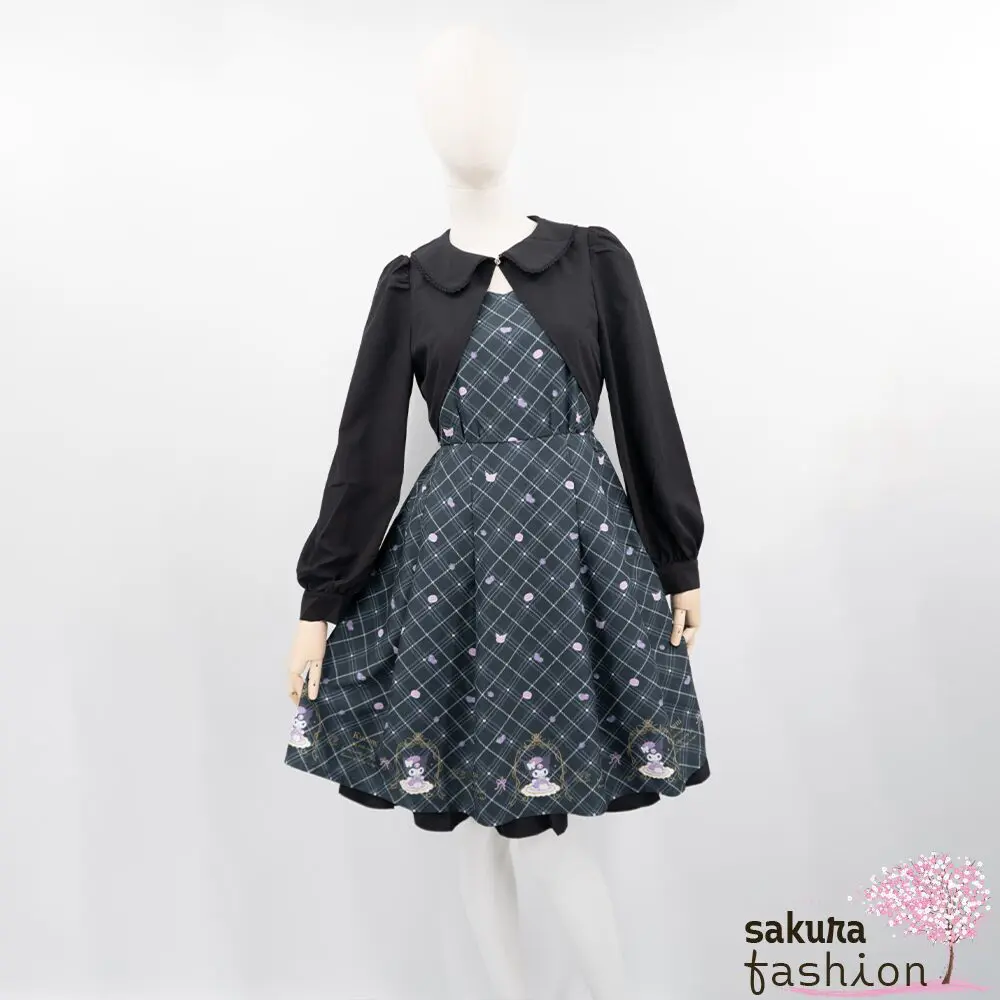 axes femme POETIQUE Kleid Schwarz Grün Bolero Motiv Glitzersteinknopf Sanrio Kuromi Häkelborde Rüschen Kurz Japan Kawaii Feminin kuromi tea room dress black green