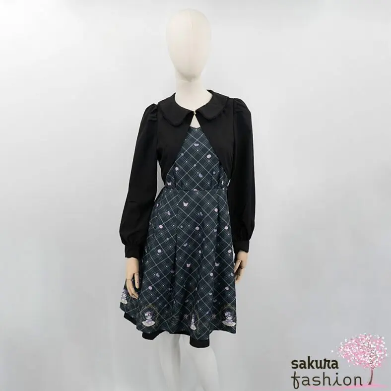 axes femme POETIQUE Kleid Schwarz Grün Bolero Motiv Glitzersteinknopf Sanrio Kuromi Häkelborde Rüschen Kurz Japan Kawaii Feminin kuromi tea room dress black green