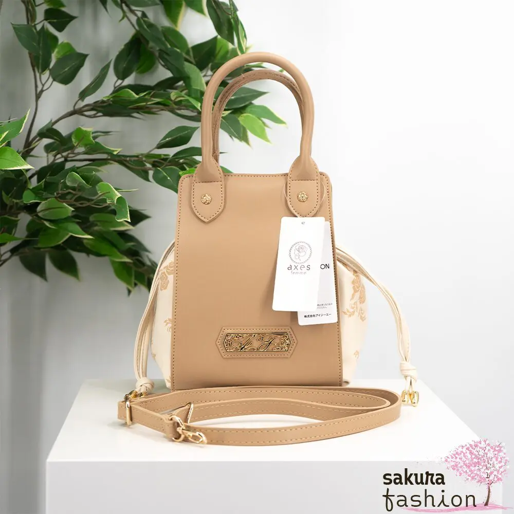 Axes Femme Beutel Kunstleder Beige Handtasche Umhängetasche Schultergut Floral Blumenmotiv Chinesischer Stil Kordelzug Gold Logo Japan Kawaii Feminin color scheme drawstring bag beige