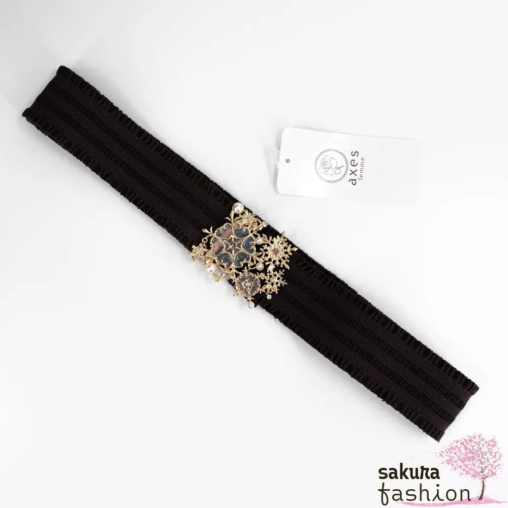 Axes Femme Taillengürtel Stoff Braun Rüsche Raffung Zierschnalle Gold Eiskristall Rosa Glitzer Funkelnd Perlen Schmuckstein Accessoire Japan Kawaii Feminin snork ristal rubber belt gold