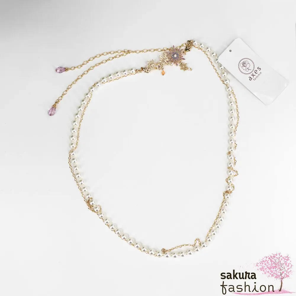 Axes Femme Taillengürtel Perlengürtel Weiß Eiskristallschnalle Gold Glitzer Mehrfarbig Bunt Kettendetails Japan Kawaii Feminin snow crystal pearl belt gold