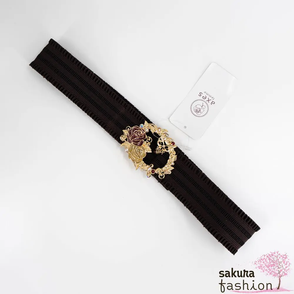 Axes Femme Taillengürtel Stoff Braun Rüsche Raffung Zierschnalle Gold Floral Blume Schmetterling Perlen Schmuckstein Accessoire Japan Kawaii Feminin stained leasing rubber belt gold