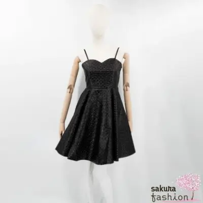 axes femme POETIQUE Kleid Schwarz Jacquardmusterung Ausschnitt Herzförmig Träger Mini Kurz Japan Kawaii Feminin flare cami dress black