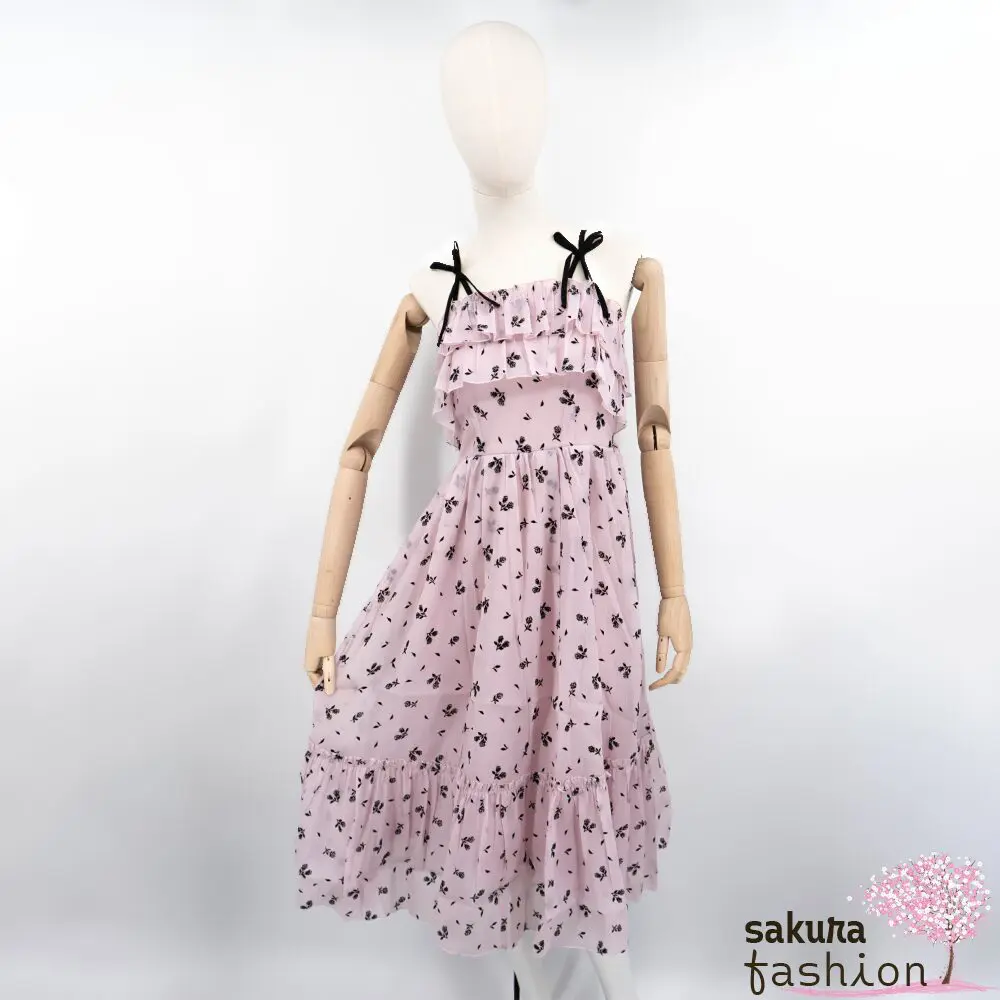 axes femme POETIQUE Kleid Maxi Rosa Leicht Luftig Rüschen Schleife Floral Blumen Samt Muster Schwarz Lang Japan Kawaii Feminin flocky print janskirta jumper skirt pink