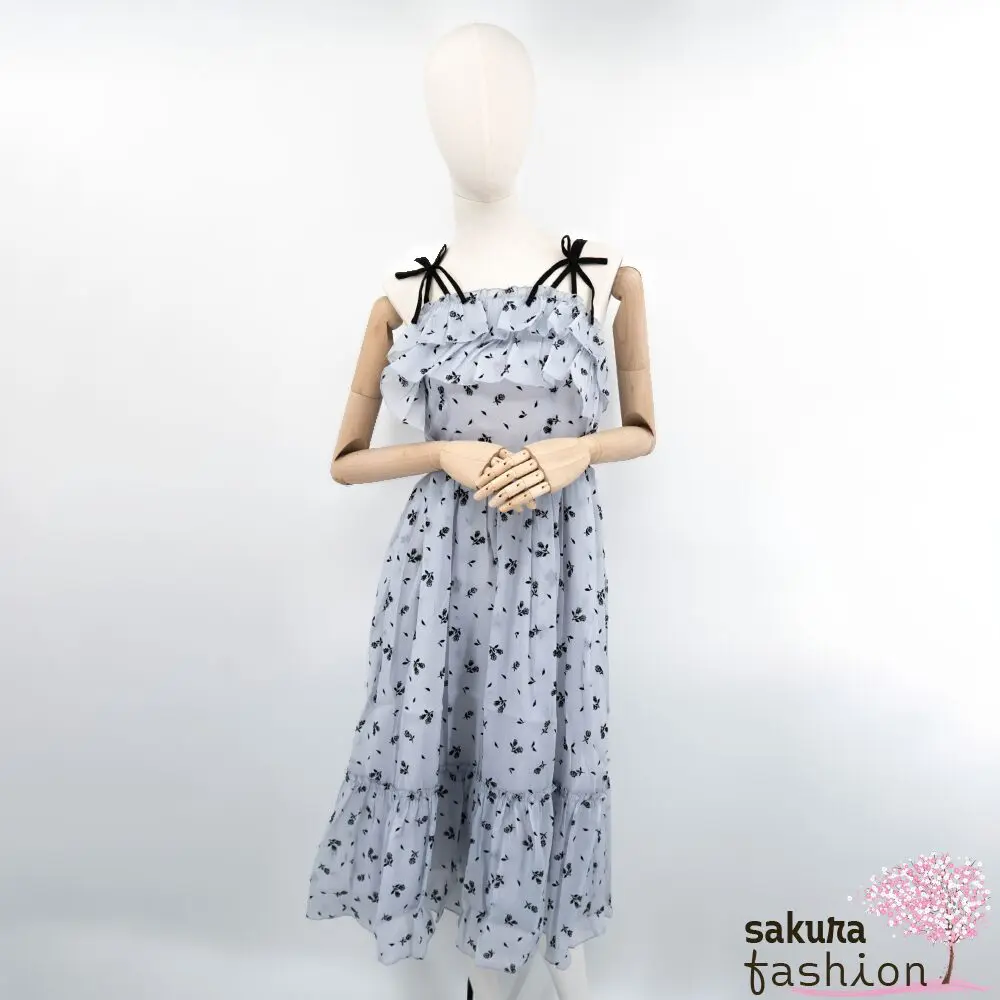 axes femme POETIQUE Kleid Maxi Hellblau Leicht Luftig Rüschen Schleife Floral Blumen Samt Muster Schwarz Lang Japan Kawaii Feminin flocky print janskirta jumper skirt saxe blue