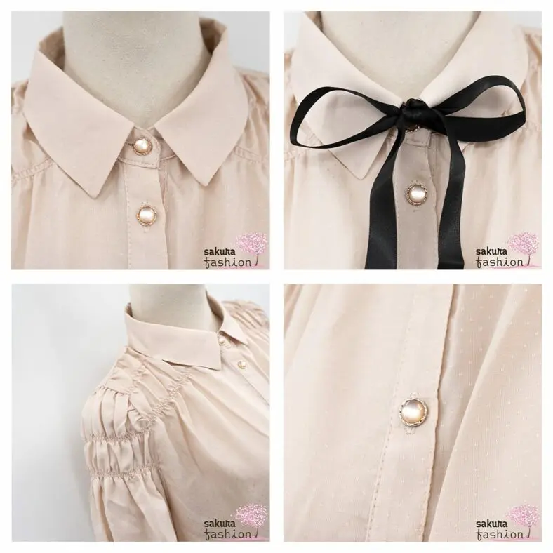 Axes Femme POETIQUE Bluse Rosa Punktemusterung Kragenschleife Schwarz Gerafft Schulterraffung Blassrosa Gepunktet Japan Kawaii Feminin dotted shirring blouse pale pink