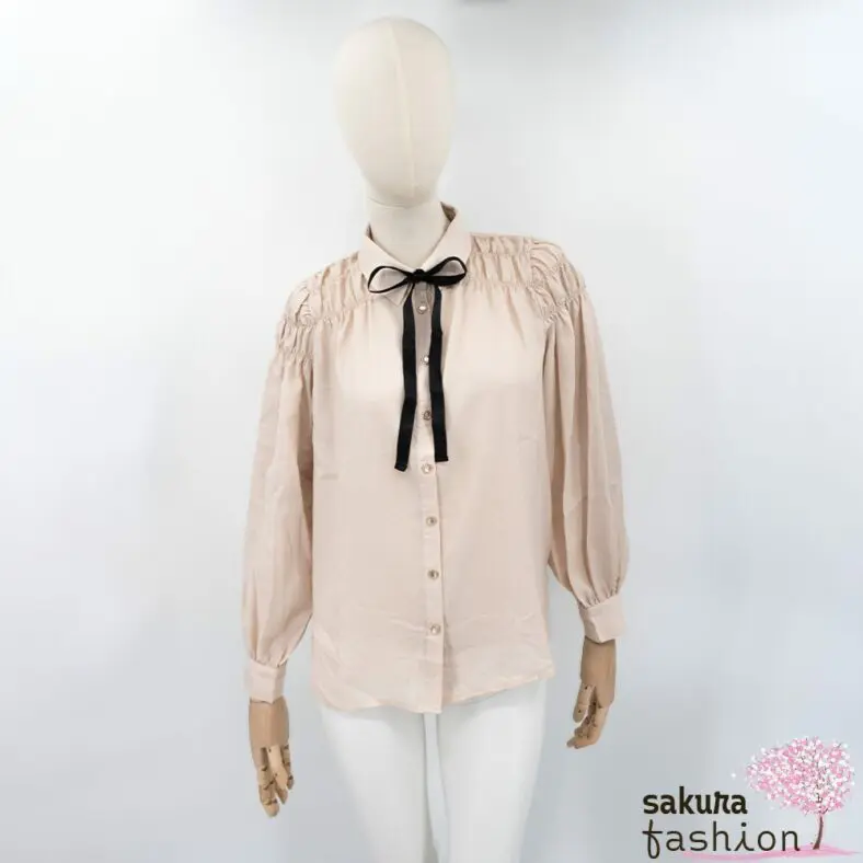 Axes Femme POETIQUE Bluse Rosa Punktemusterung Kragenschleife Schwarz Gerafft Schulterraffung Blassrosa Gepunktet Japan Kawaii Feminin dotted shirring blouse pale pink