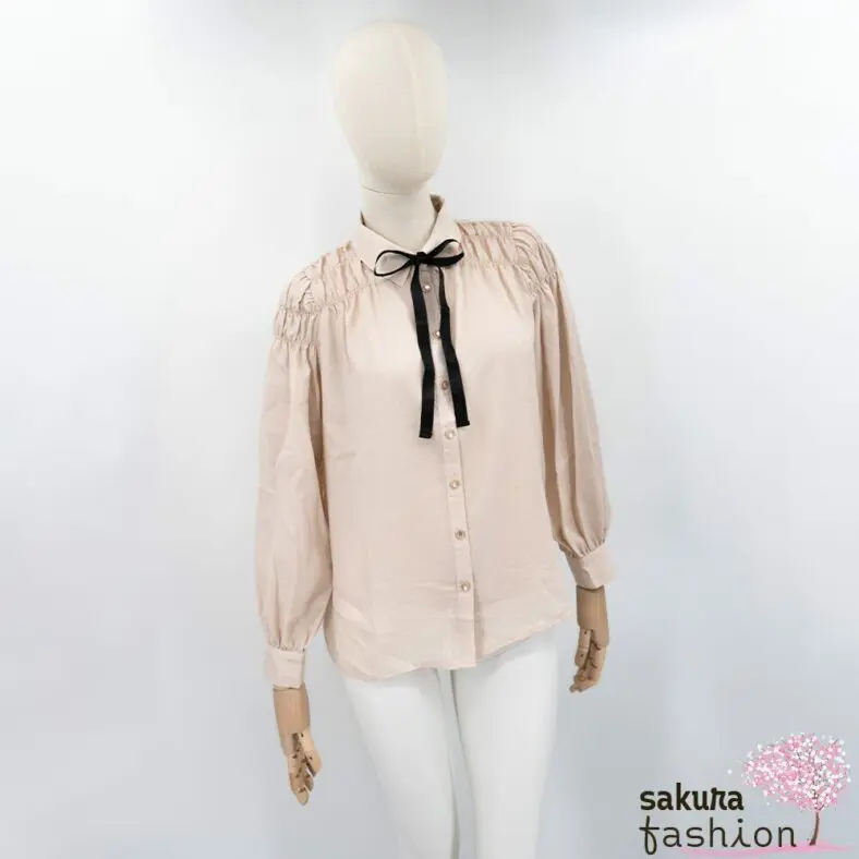 Axes Femme POETIQUE Bluse Rosa Punktemusterung Kragenschleife Schwarz Gerafft Schulterraffung Blassrosa Gepunktet Japan Kawaii Feminin dotted shirring blouse pale pink