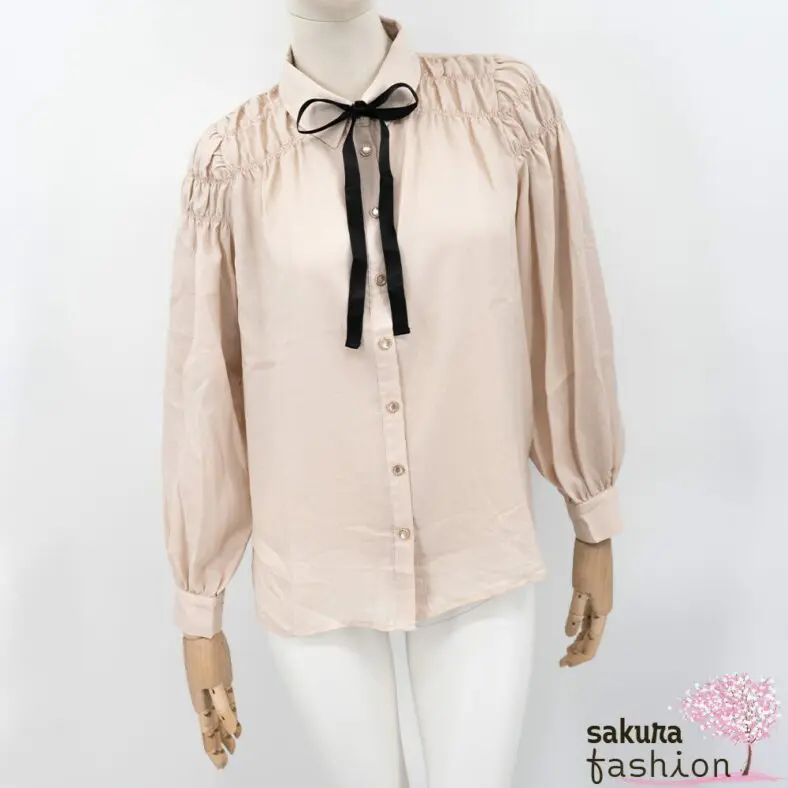 Axes Femme POETIQUE Bluse Rosa Punktemusterung Kragenschleife Schwarz Gerafft Schulterraffung Blassrosa Gepunktet Japan Kawaii Feminin dotted shirring blouse pale pink