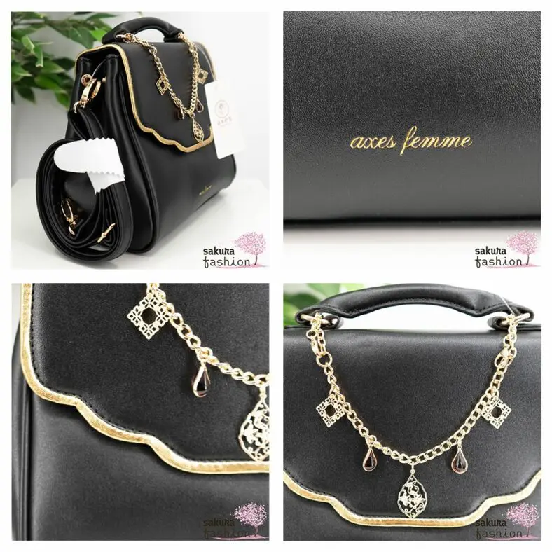 Axes Femme flache Handtasche Kunstleder Orientalischer Stil Schwarz goldfarben Kette Anhänger Logo Umhängetasche Schultertasche Elegant Japan Kawaii Feminin oriental style charm bag black