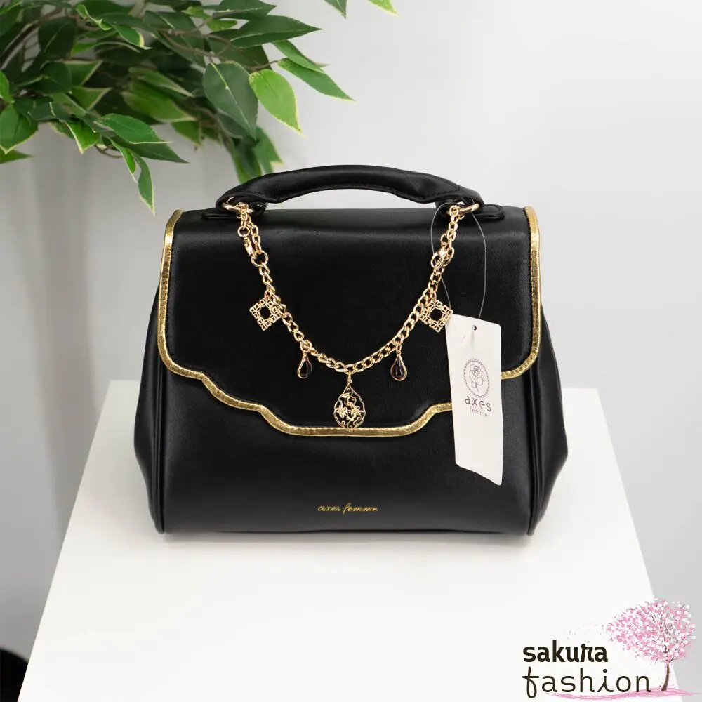 Axes Femme flache Handtasche Kunstleder Orientalischer Stil Schwarz goldfarben Kette Anhänger Logo Umhängetasche Schultertasche Elegant Japan Kawaii Feminin oriental style charm bag black